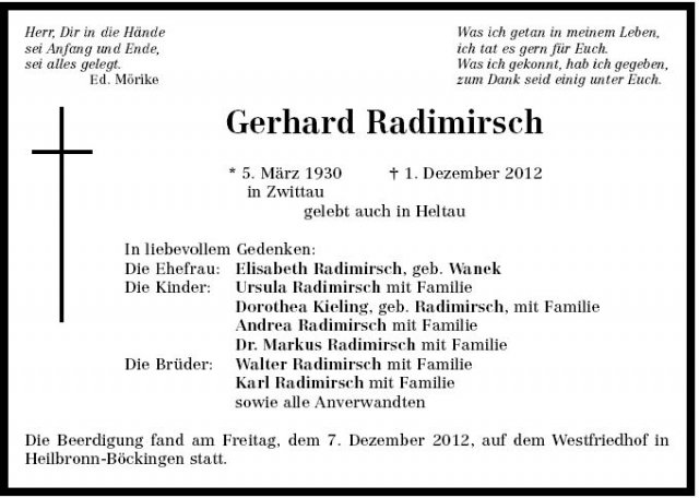 Radimirisch Gerhard 1930-2012 Todesanzeige